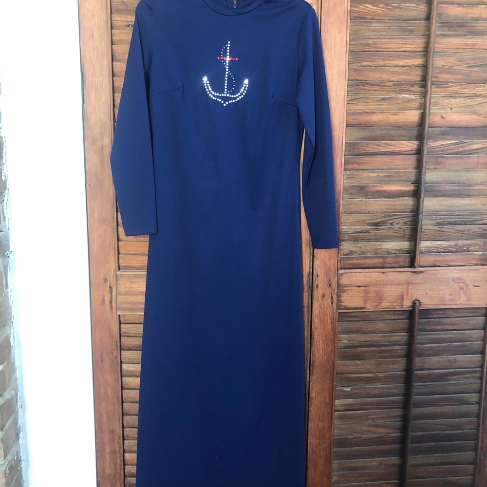 Blue Maxi Sheath Dress with Long Sleeves and Mock Neck Size S